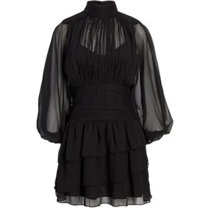 EXPRESS Mock Neck Long Sleeve Pleated Waist Tiered Ruffle Mini Dress, Black, 8